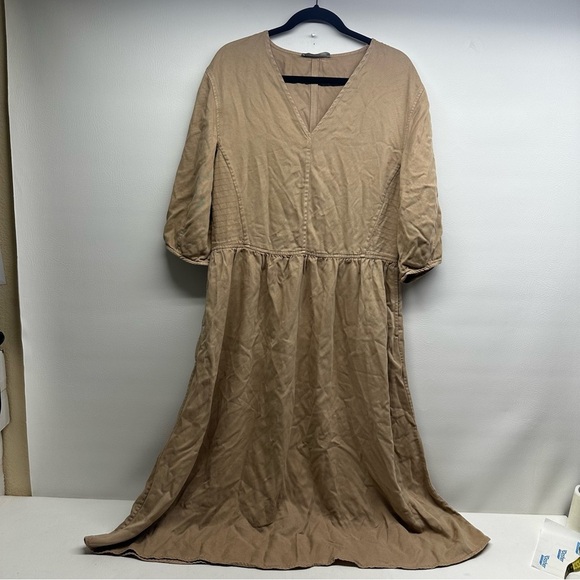 Everlane the tencel puff sleeve Elegant Tan Midi Dress size L - Picture 2 of 12